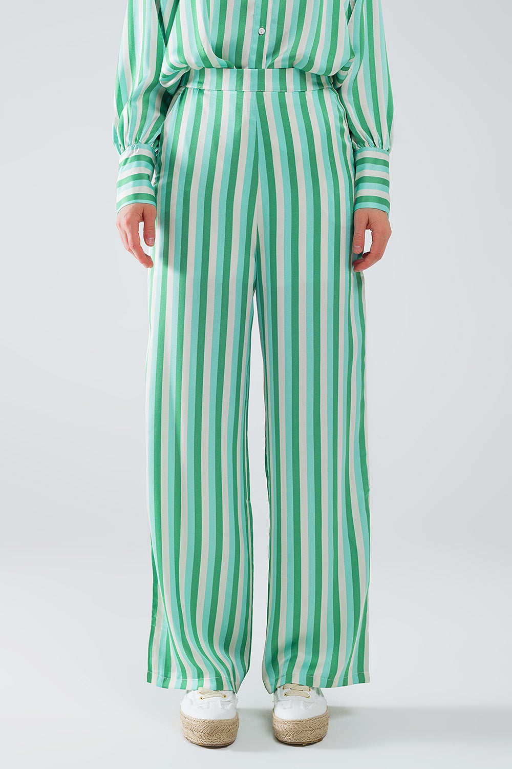 Vertical Striped Straight Leg satin Pants in Green - Trousers