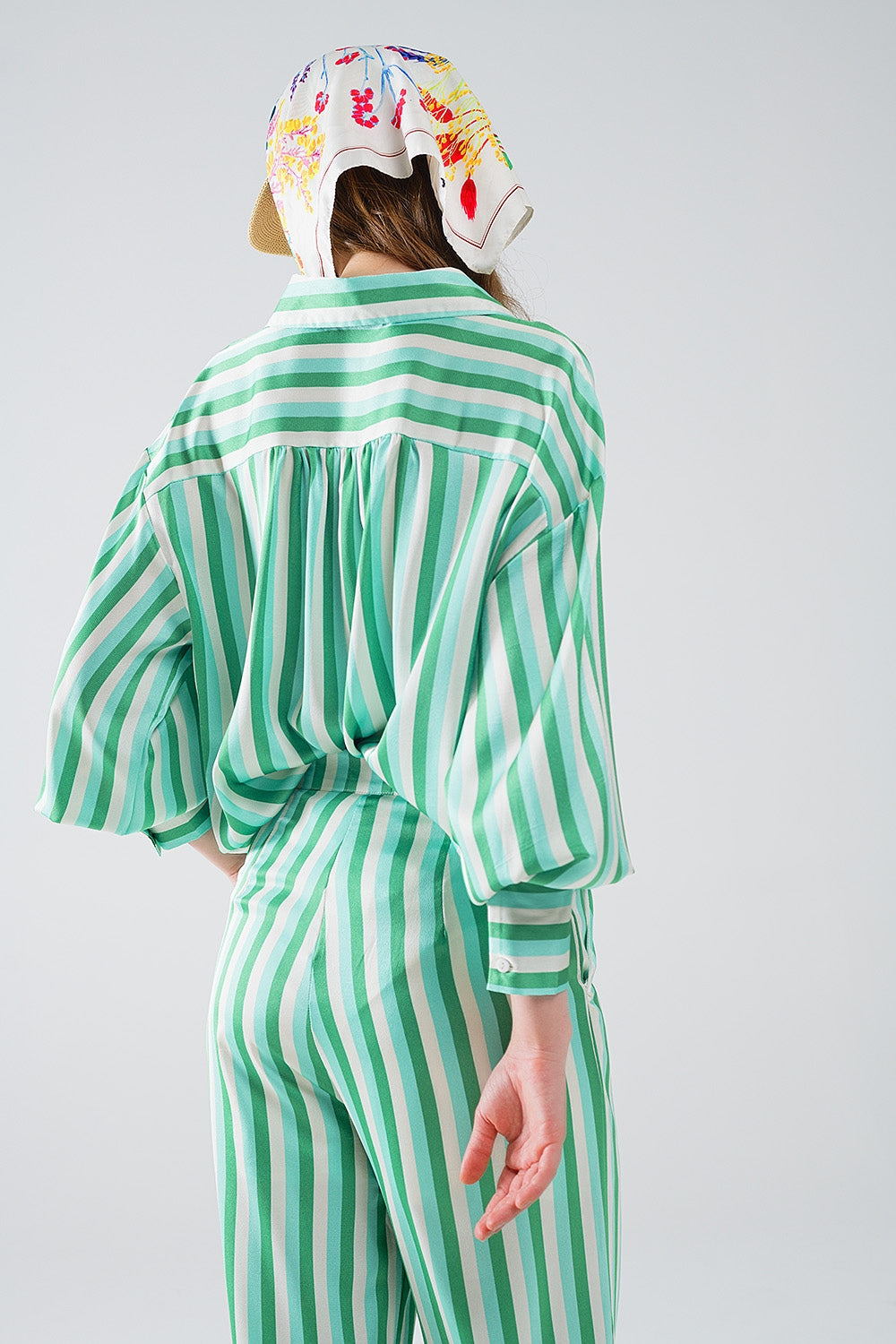 Vertical Striped Straight Leg satin Pants in Green - Trousers