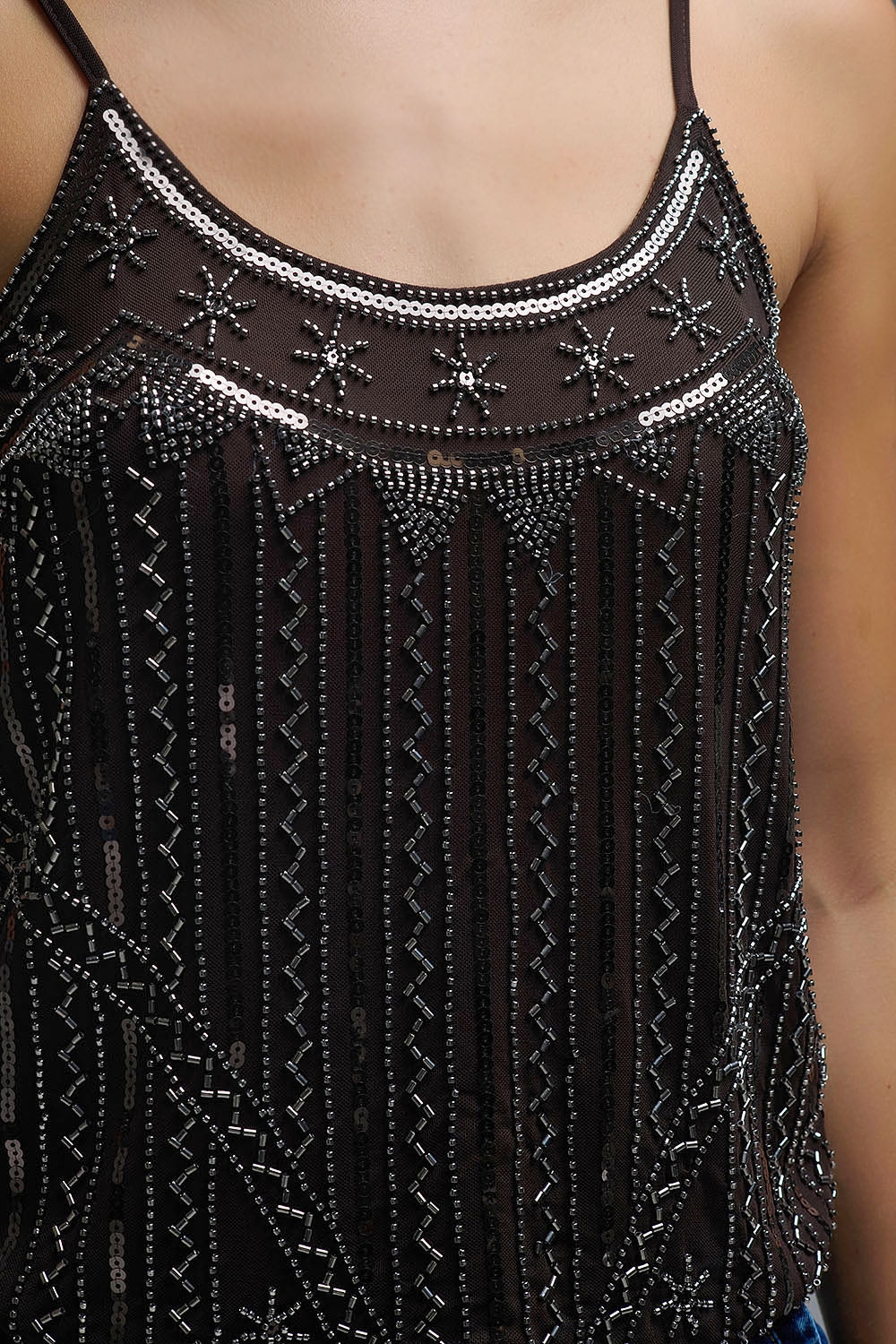 vintage Embroidered Sequin Cami Top in brown - Tops