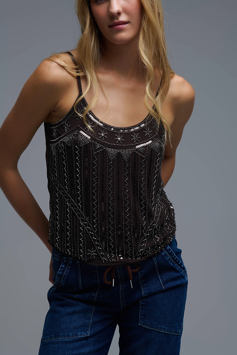vintage Embroidered Sequin Cami Top in brown - Tops
