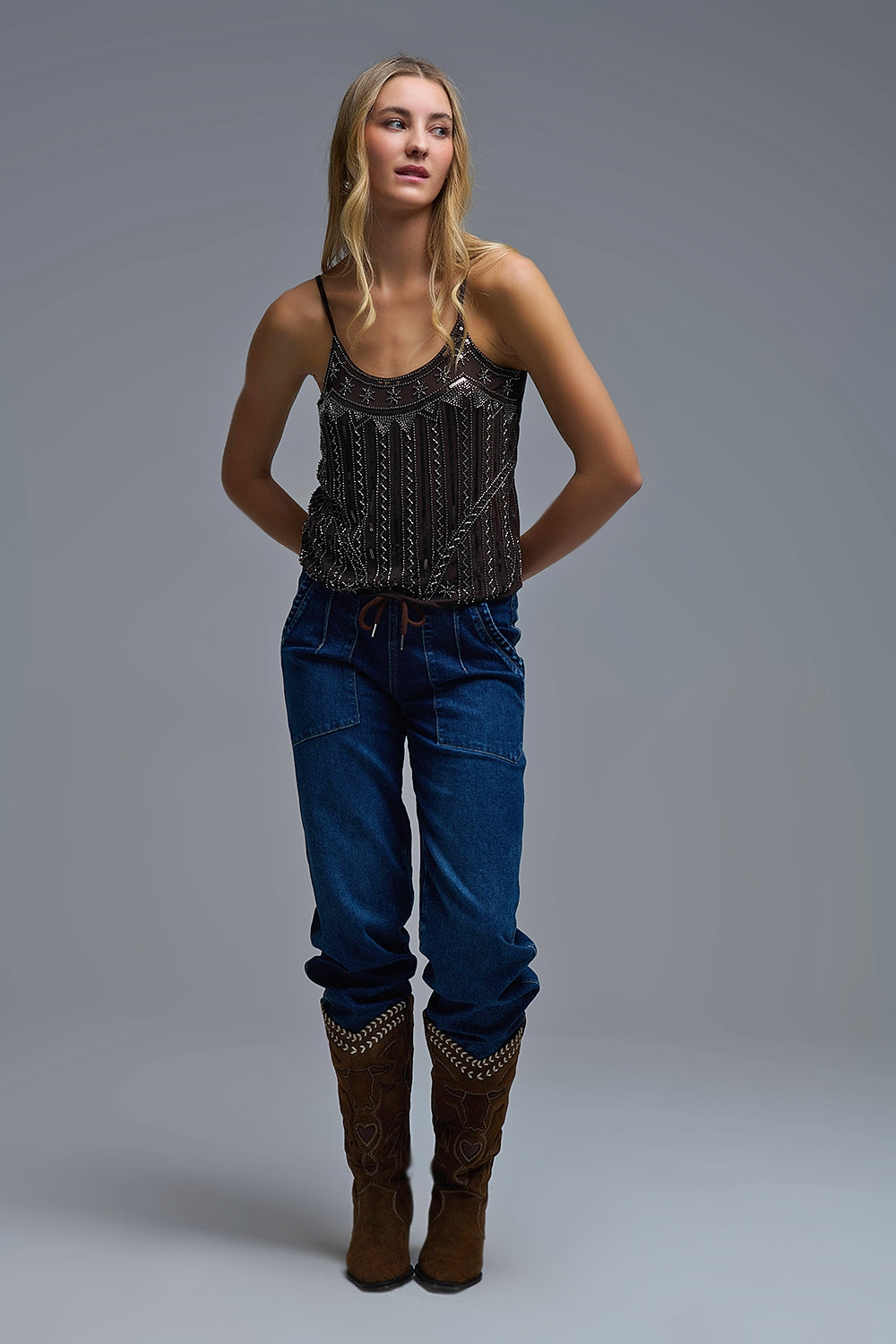 vintage Embroidered Sequin Cami Top in brown - Tops