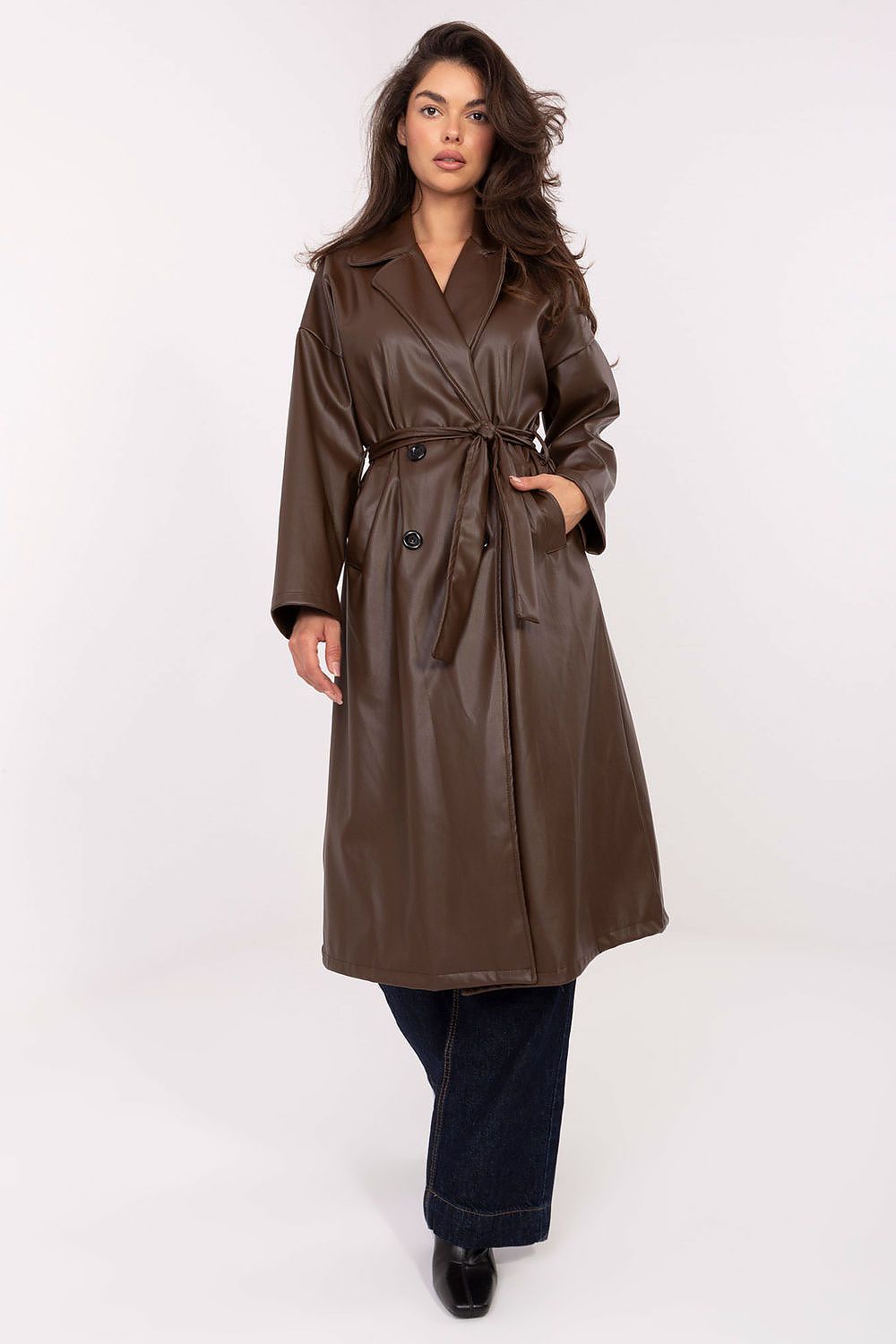 Rue Paris Vinyl Trench Coat with Belted Waist brown one-size-fits-all -