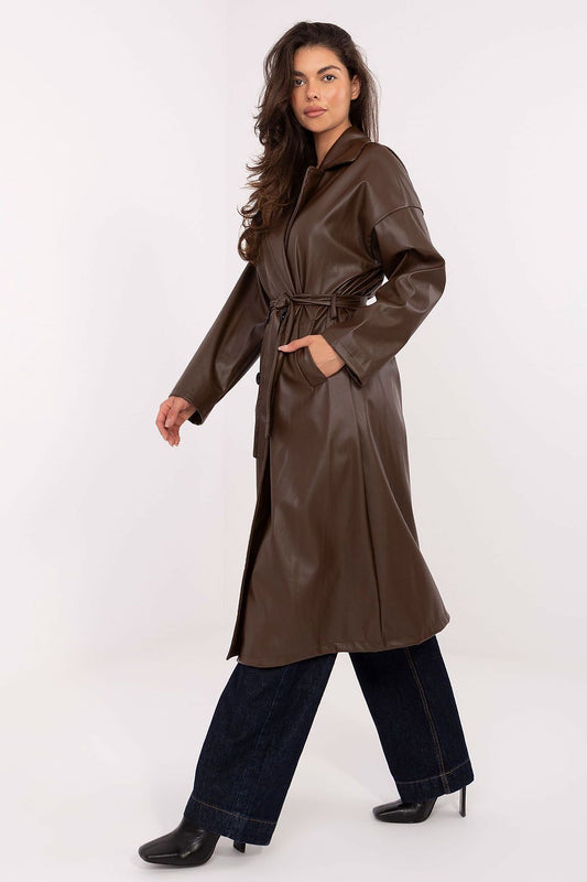 Rue Paris Vinyl Trench Coat with Belted Waist -