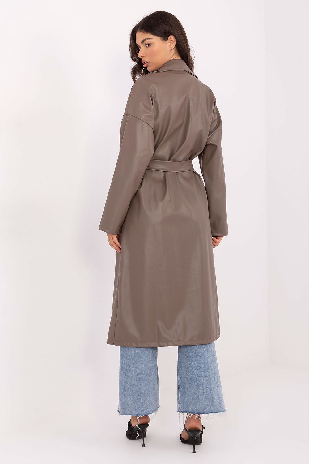Rue Paris Vinyl Trench Coat with Belted Waist -