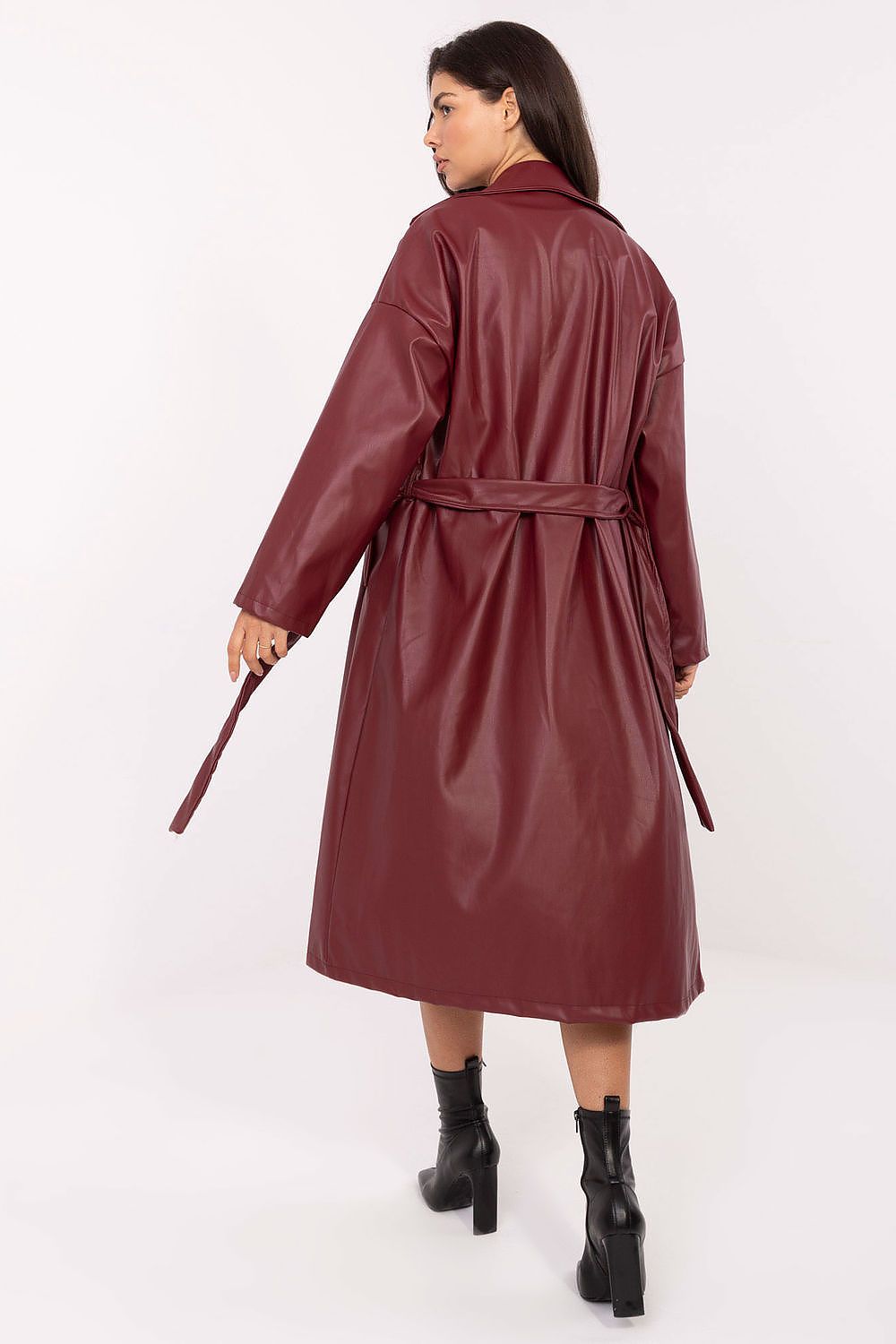 Rue Paris Vinyl Trench Coat with Belted Waist -