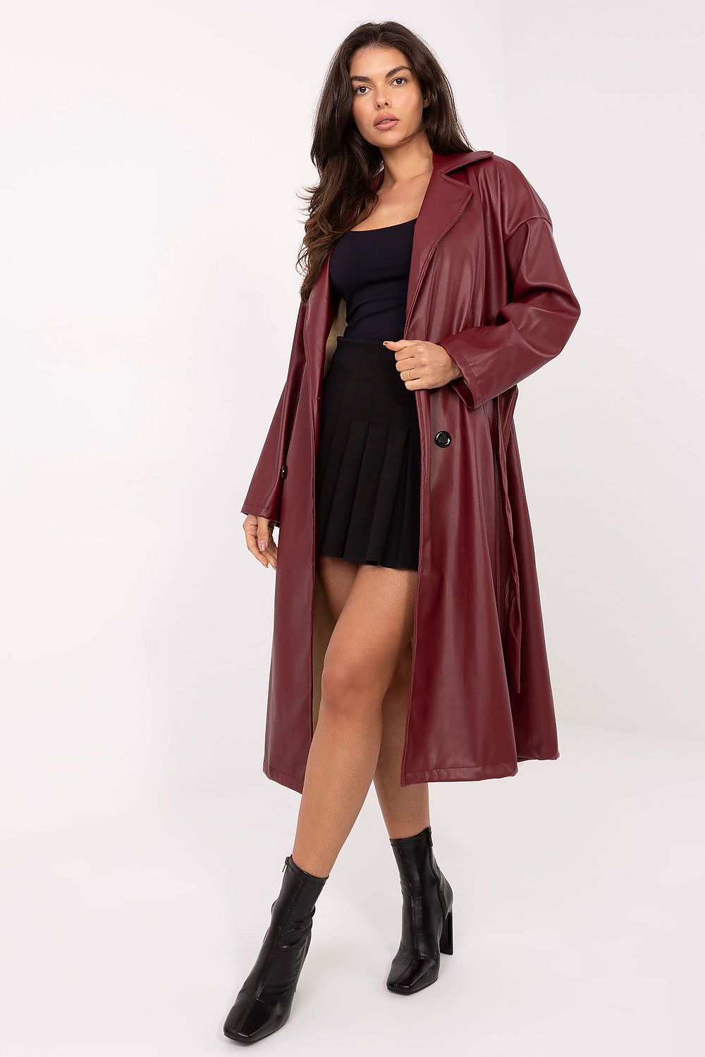 Rue Paris Vinyl Trench Coat with Belted Waist red one-size-fits-all -