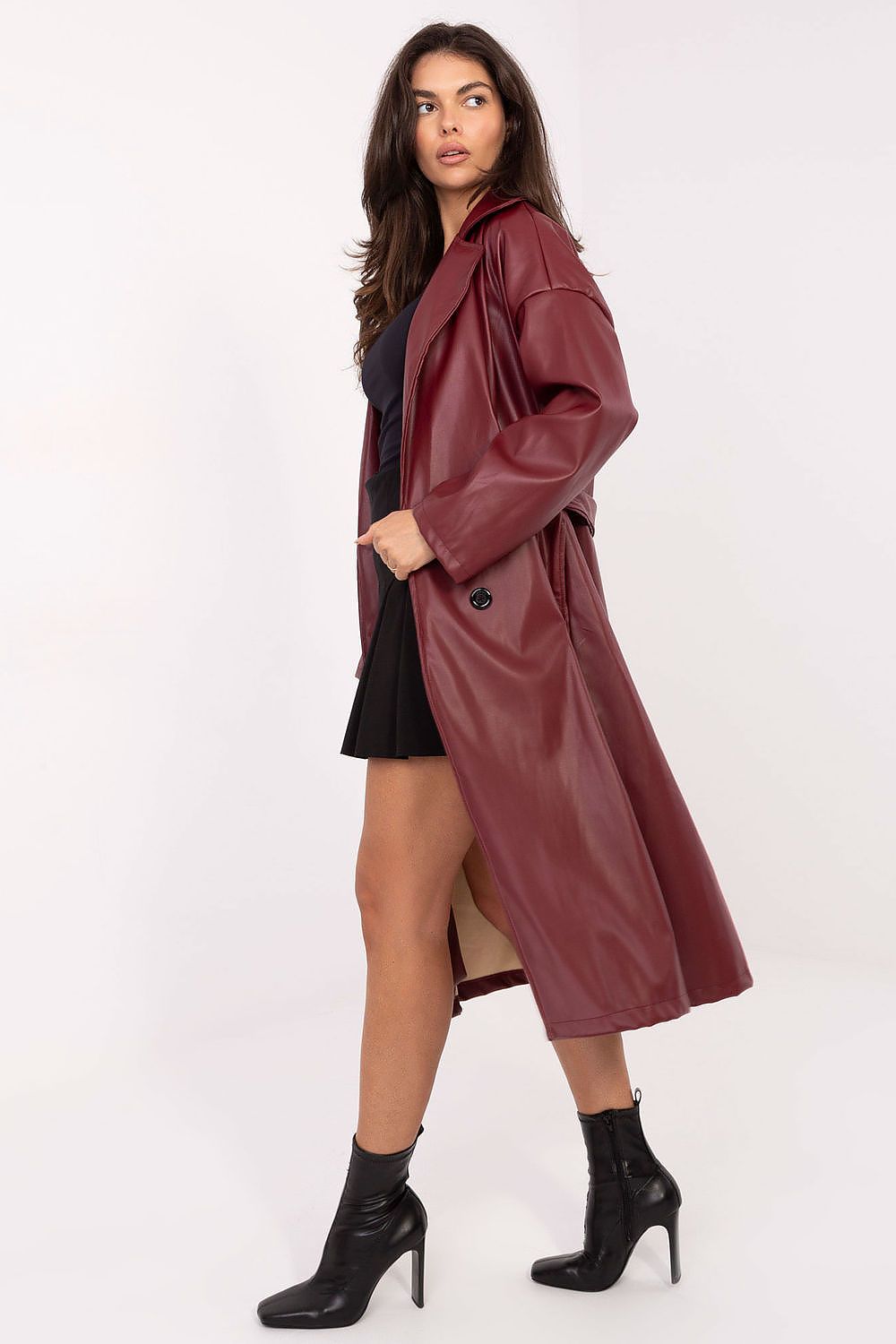 Rue Paris Vinyl Trench Coat with Belted Waist -