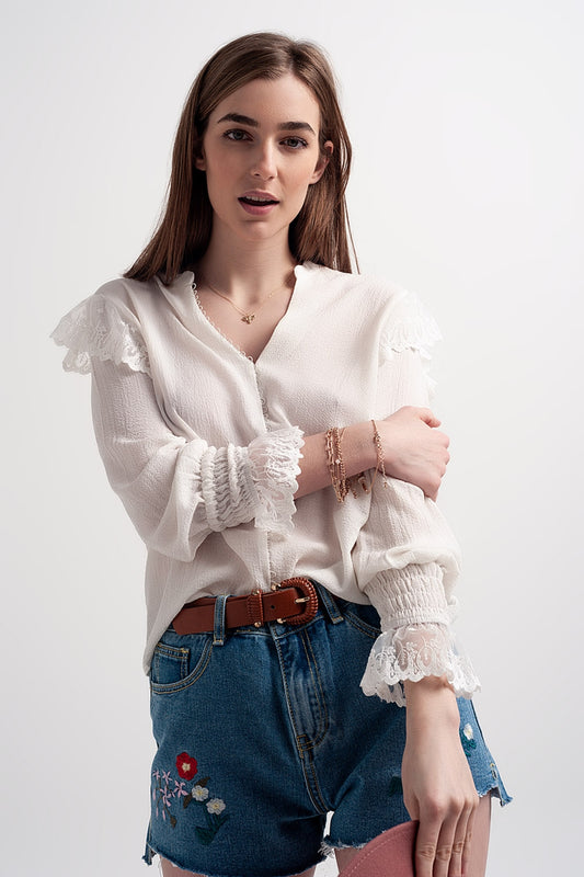 Volume sleeve blouse with cuff sleeve in oyster - Blouses