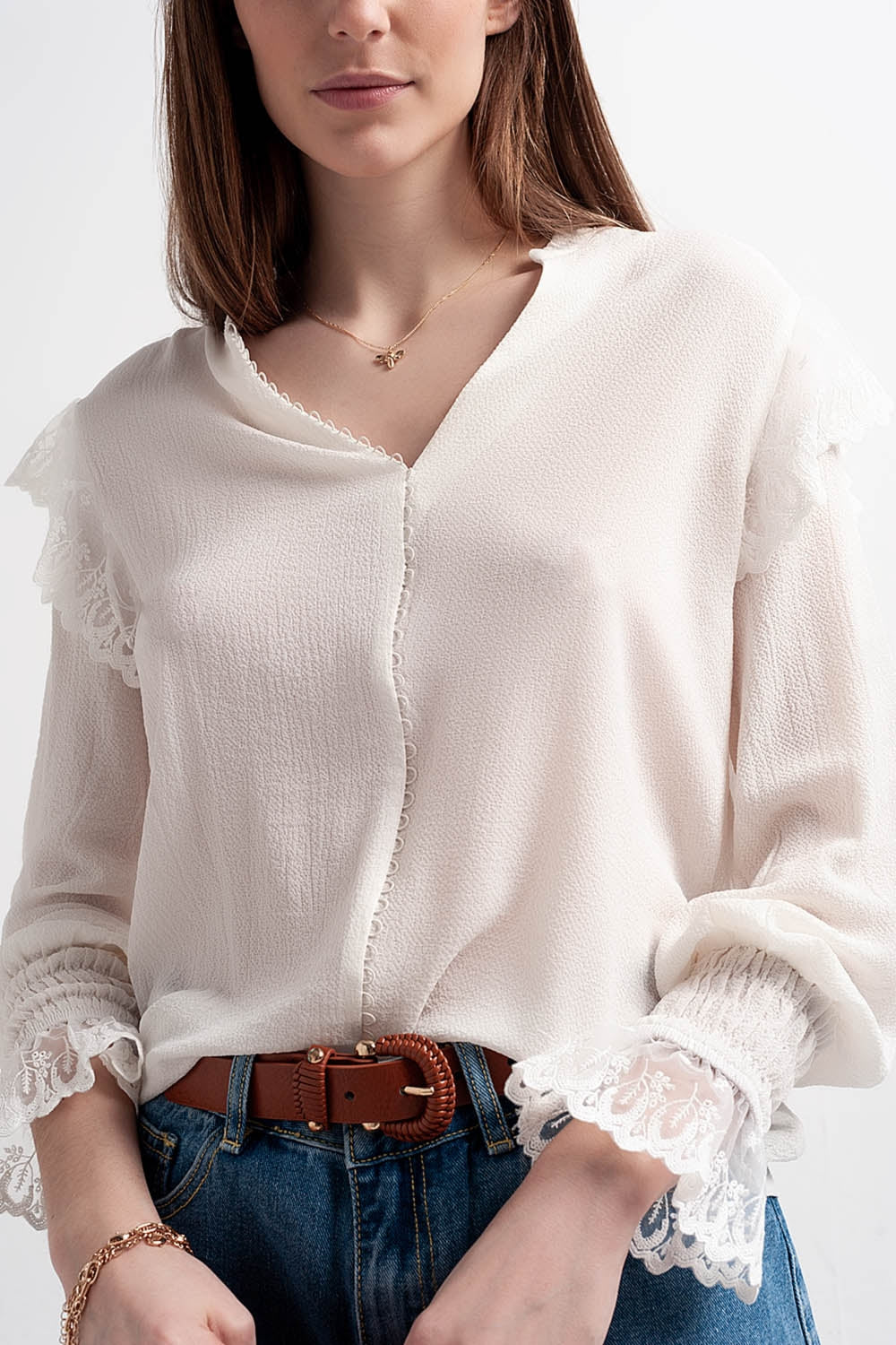 Volume sleeve blouse with cuff sleeve in oyster - Blouses