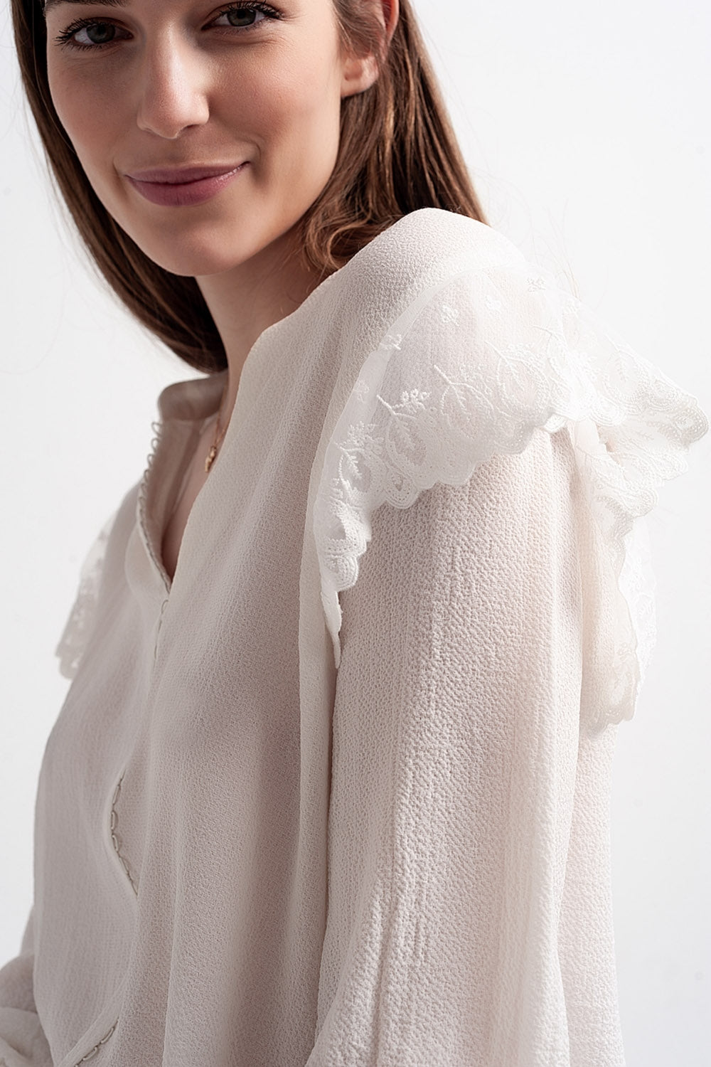 Volume sleeve blouse with cuff sleeve in oyster - Blouses