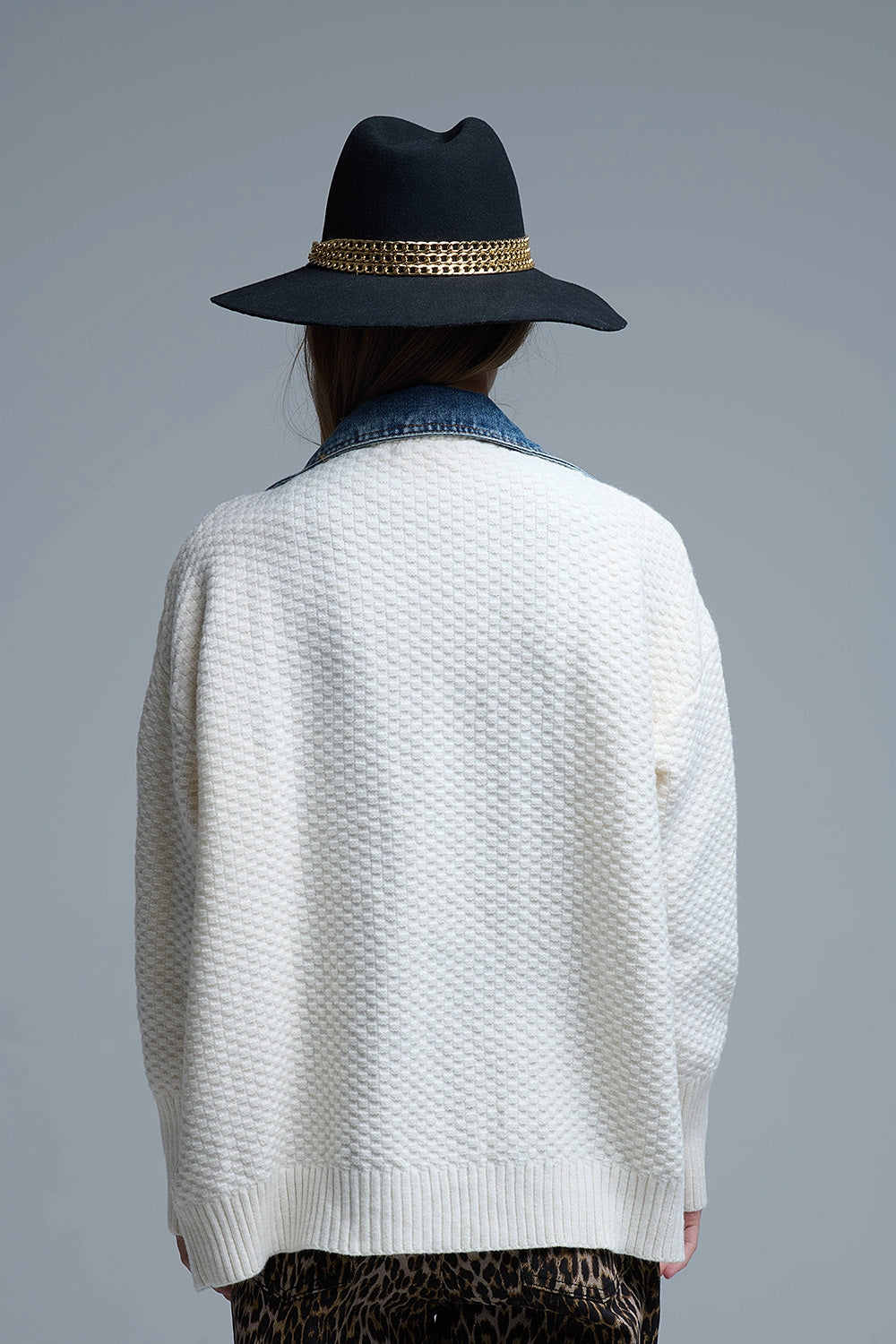 Waffle Knit Cardigan in White with Blue Chunky Denim inside - Coats and Jackets