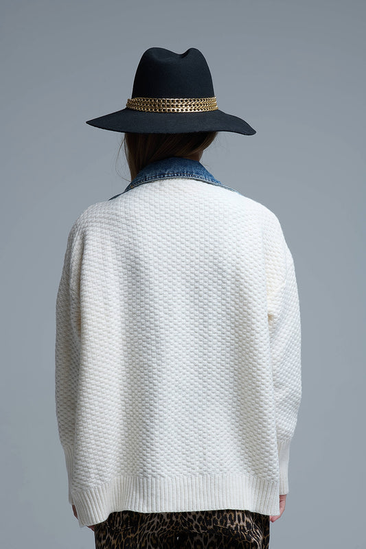 Waffle Knit Cardigan in White with Blue Chunky Denim inside - Coats and Jackets