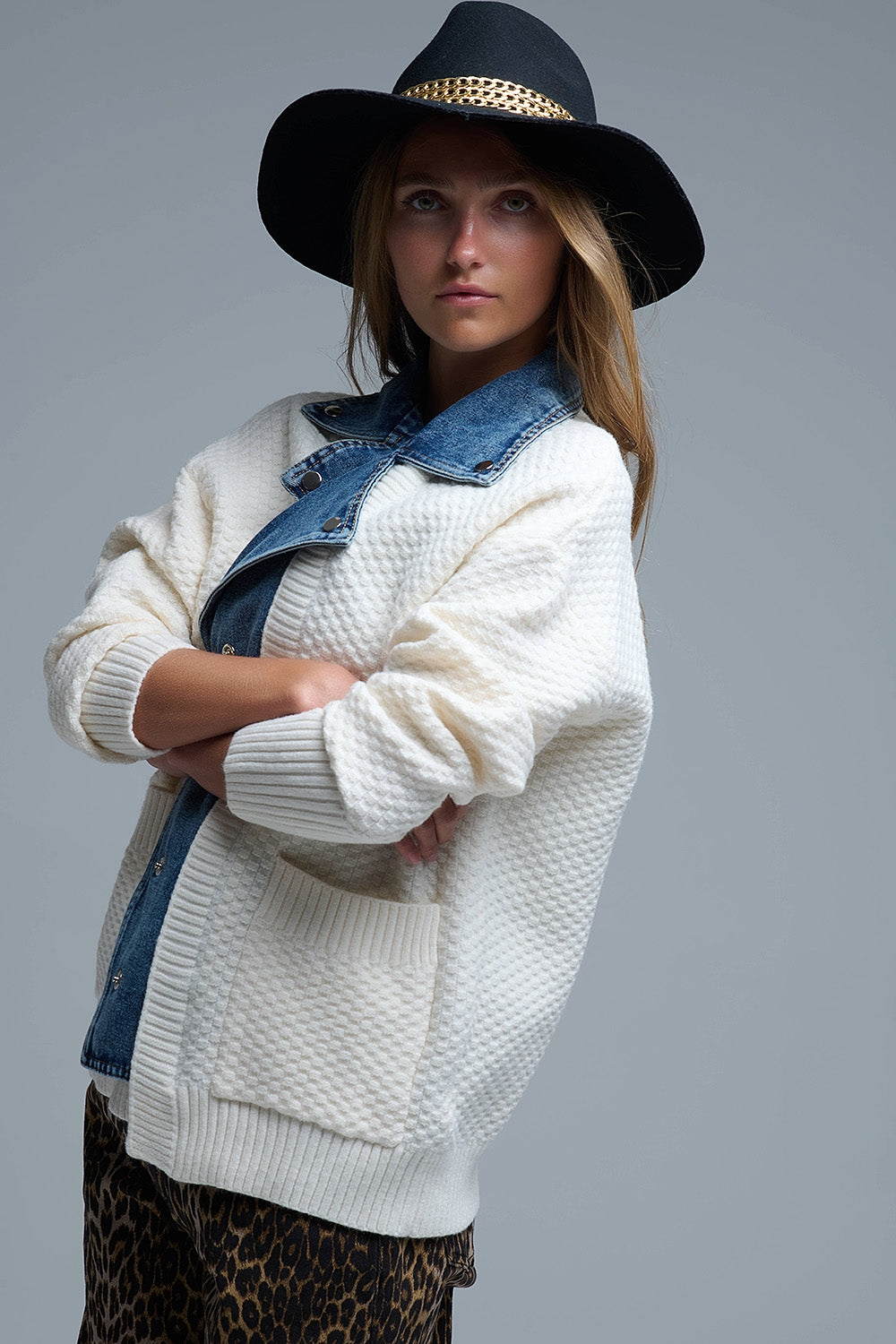 Waffle Knit Cardigan in White with Blue Chunky Denim inside - Coats and Jackets