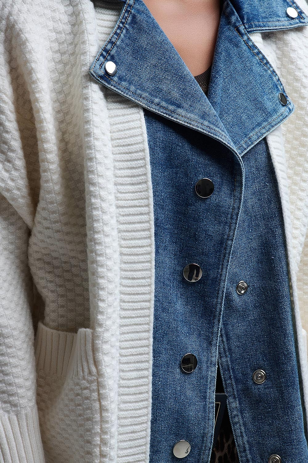 Waffle Knit Cardigan in White with Blue Chunky Denim inside - Coats and Jackets