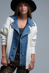 Waffle Knit Cardigan in White with Blue Chunky Denim inside