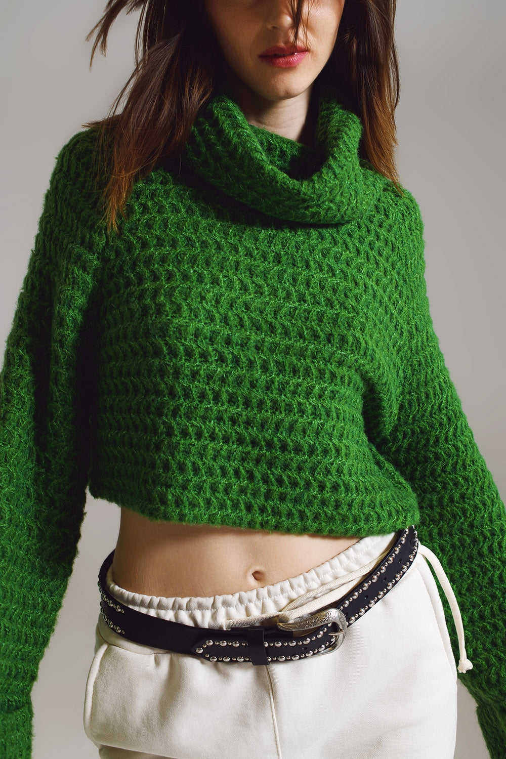 Waffle Knit Jumper With Turtle Neck and Rolled Cuffs in Green - Jumpers