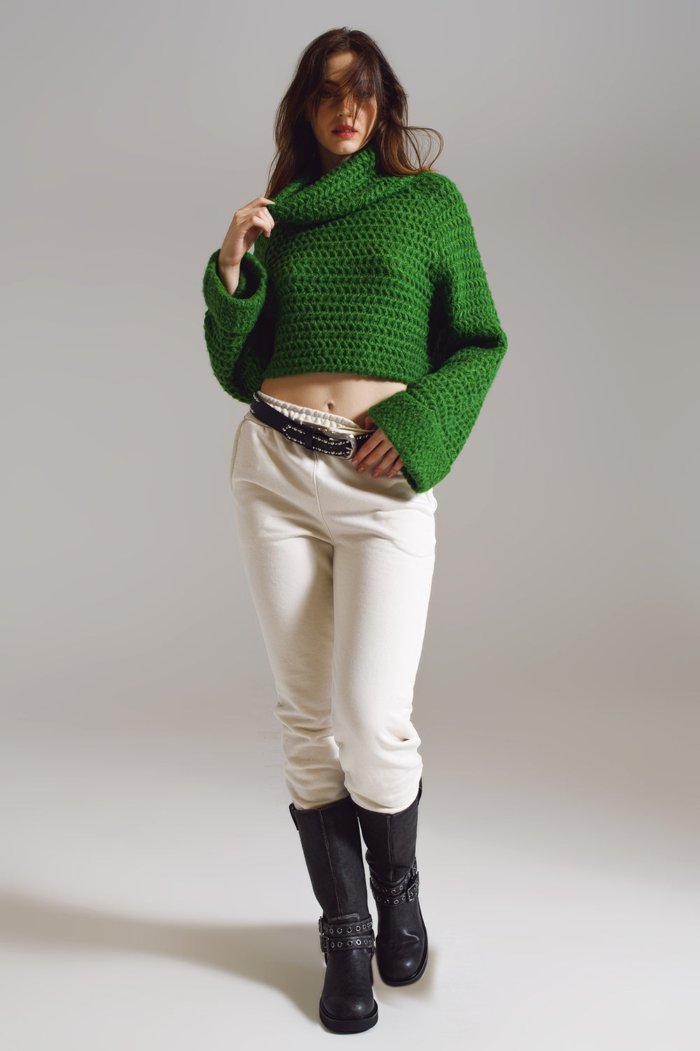 Waffle Knit Jumper With Turtle Neck and Rolled Cuffs in Green - Jumpers
