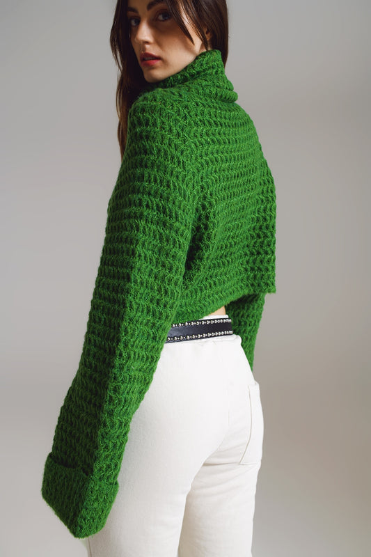 Waffle Knit Jumper With Turtle Neck and Rolled Cuffs in Green - Jumpers