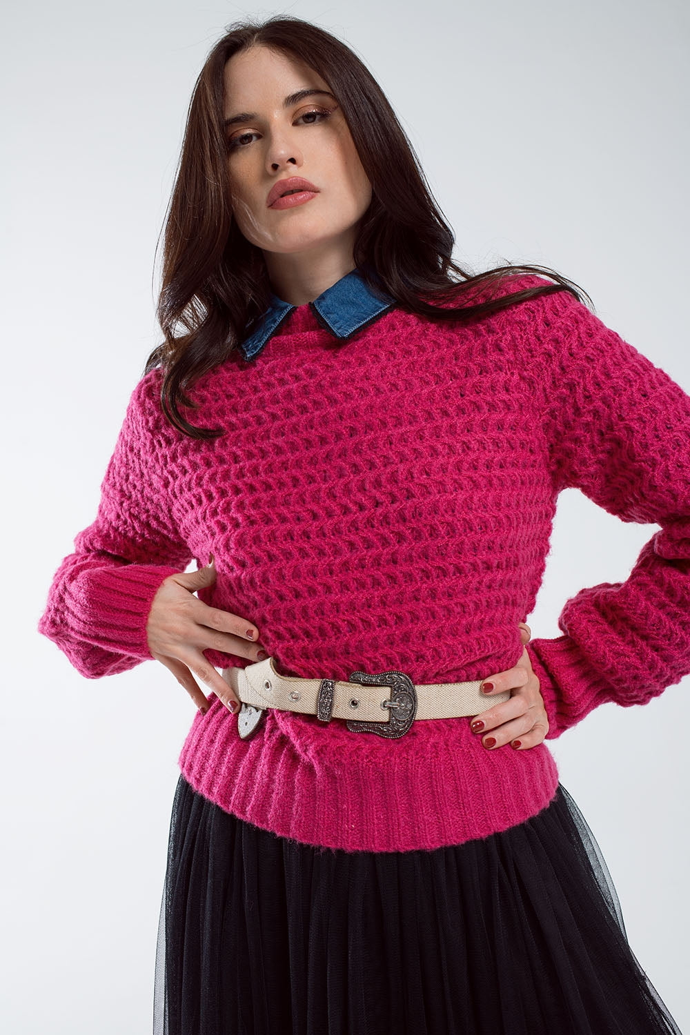 Waffle Knit Relaxed jumper With High Neck in Red - Sweaters