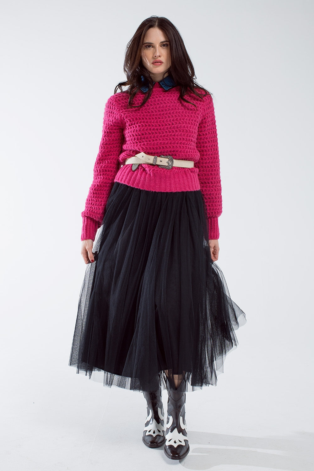Waffle Knit Relaxed jumper With High Neck in Red - Sweaters