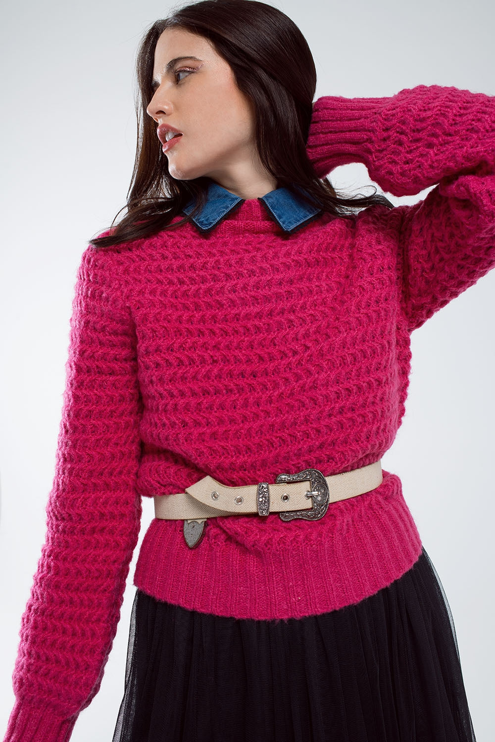 Waffle Knit Relaxed jumper With High Neck in Red - Sweaters
