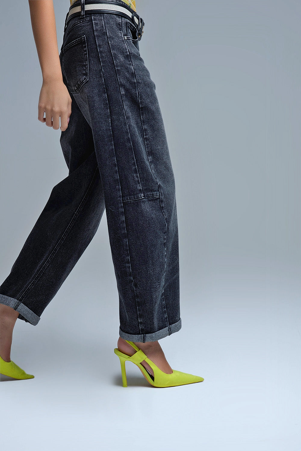 Washed Black Barrel Jeans With Seam Detail - Jeans