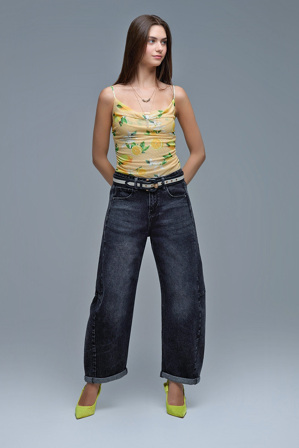 Washed Black Barrel Jeans With Seam Detail - Jeans