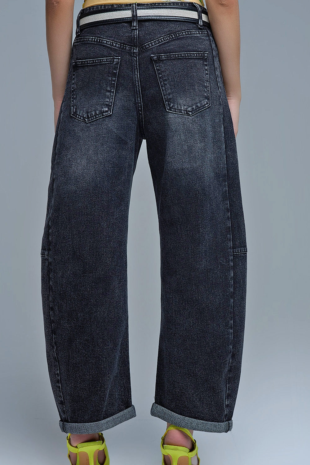 Washed Black Barrel Jeans With Seam Detail - Jeans
