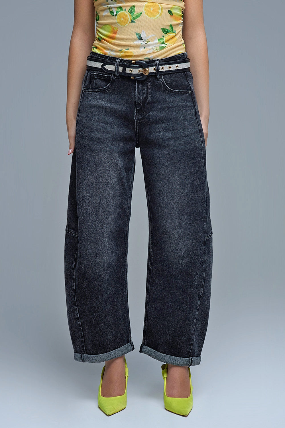Washed Black Barrel Jeans With Seam Detail - Jeans