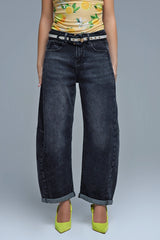 Washed Black Barrel Jeans With Seam Detail
