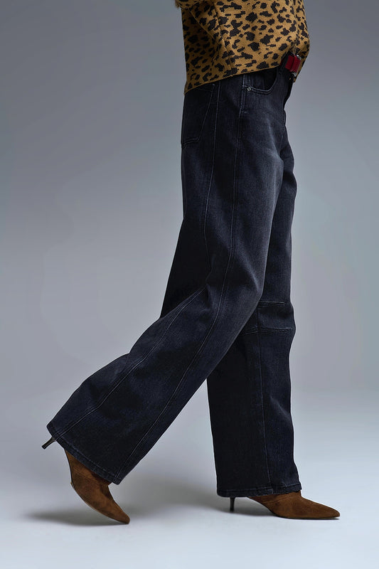 Washed Black Denim Barrel Jeans - Jeans