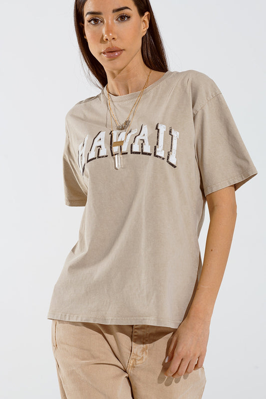 Washed Effect Hawaii T-Shirt In Beige - T-Shirts