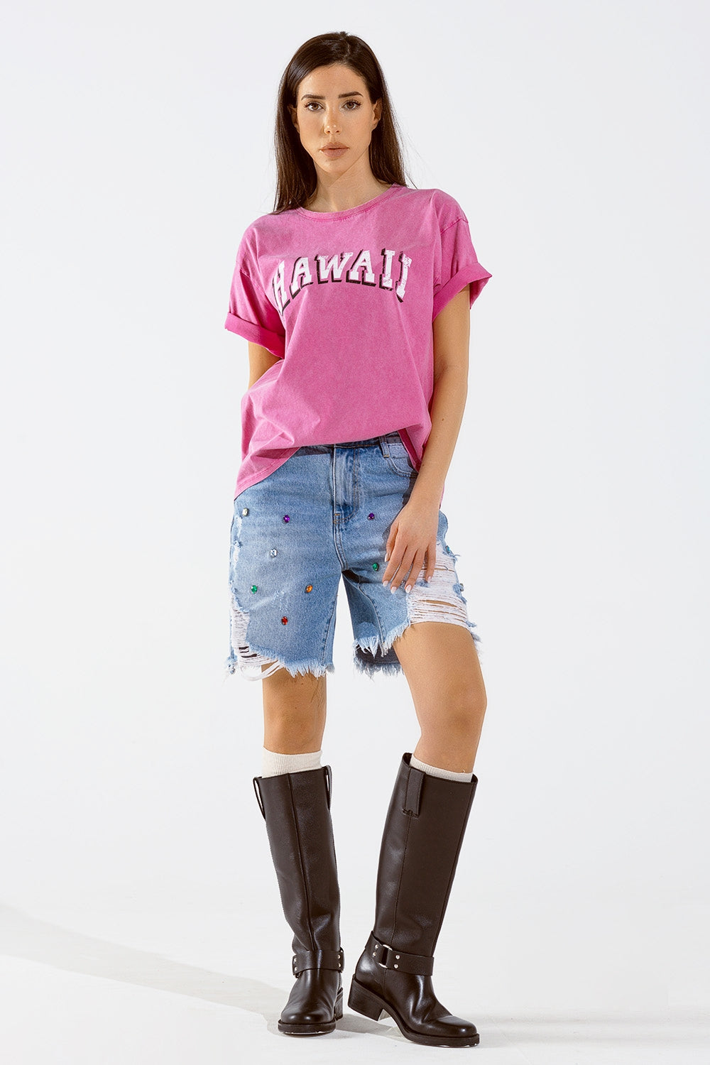 Washed Effect Hawaii T-Shirt In Fuchsia - Tops