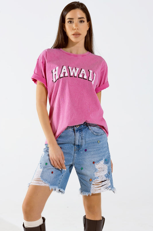Washed Effect Hawaii T-Shirt In Fuchsia - Tops
