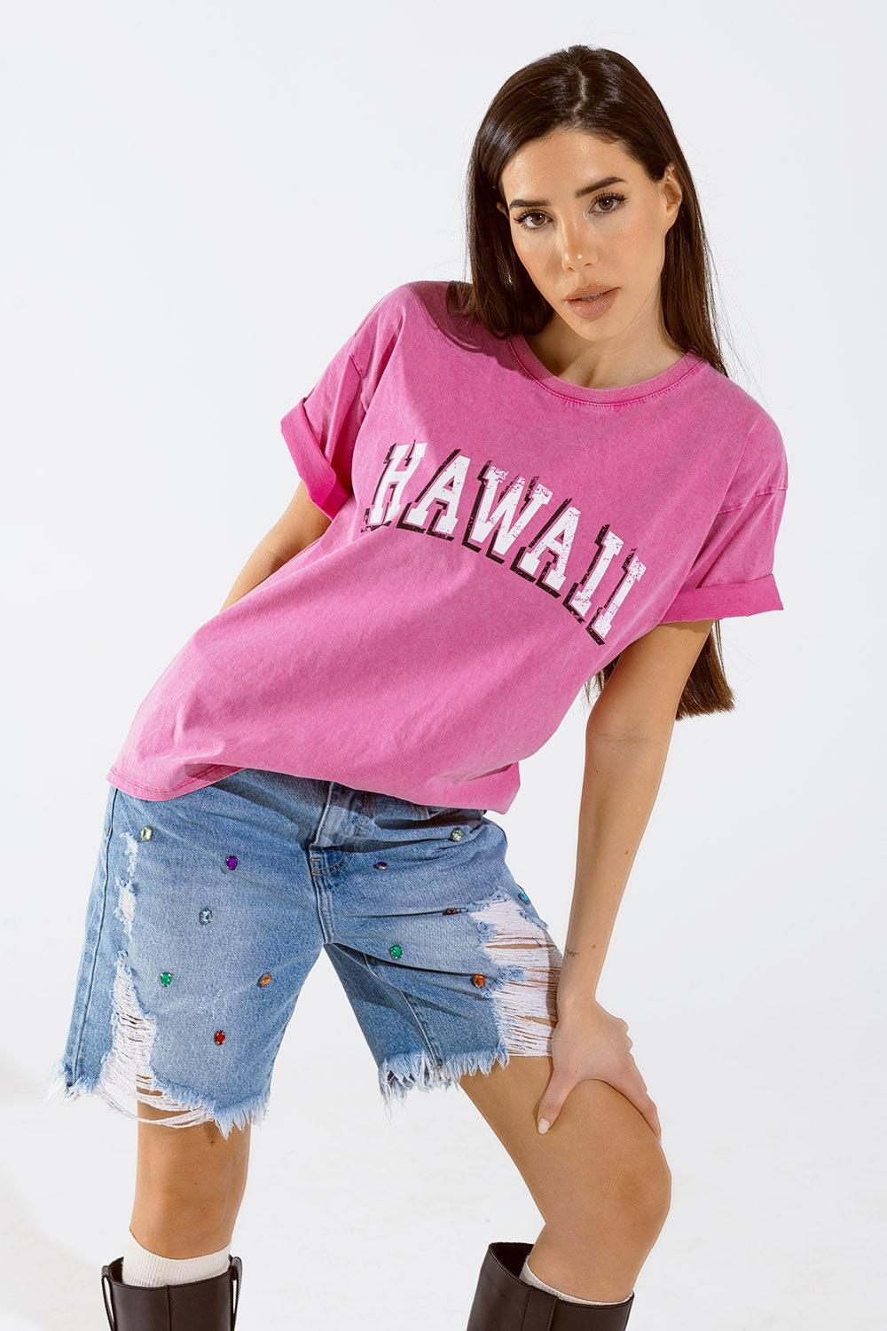 Washed Effect Hawaii T-Shirt In Fuchsia - Tops