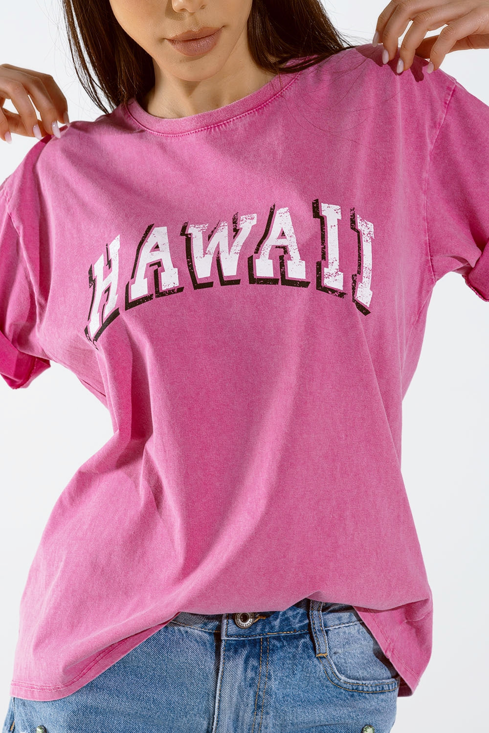 Washed Effect Hawaii T-Shirt In Fuchsia - Tops