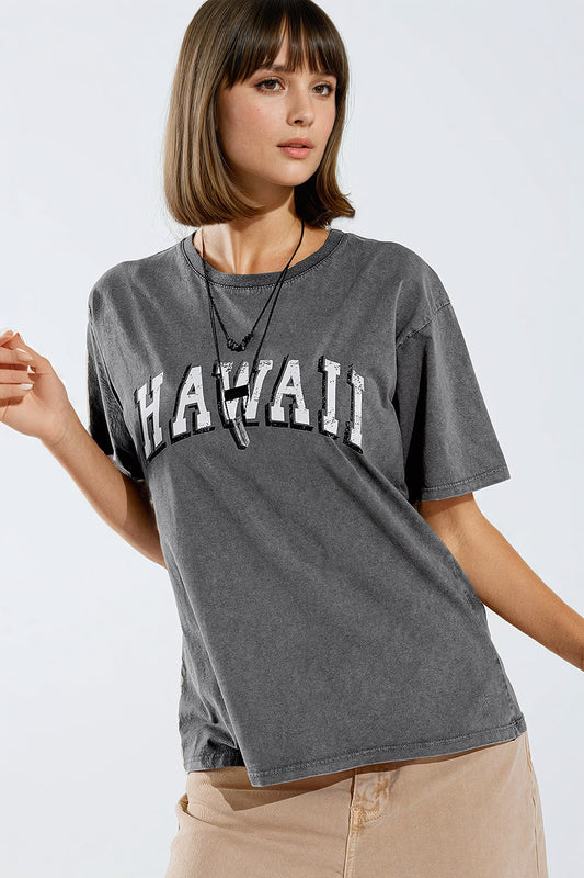 Washed Effect Hawaii T-Shirt In Grey - T-Shirts