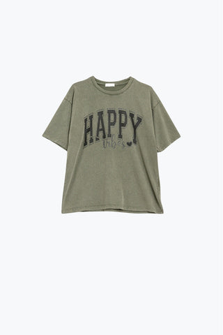 T-shirt décontracté à imprimé Happy Vibes vert kaki délavé
