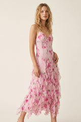 White and Pink Floral Maxi Prom Dress with Ruffles