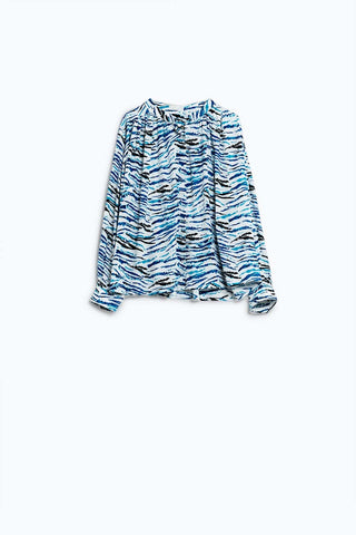 White Blouse With Blue Animal Print And Long Sleeves