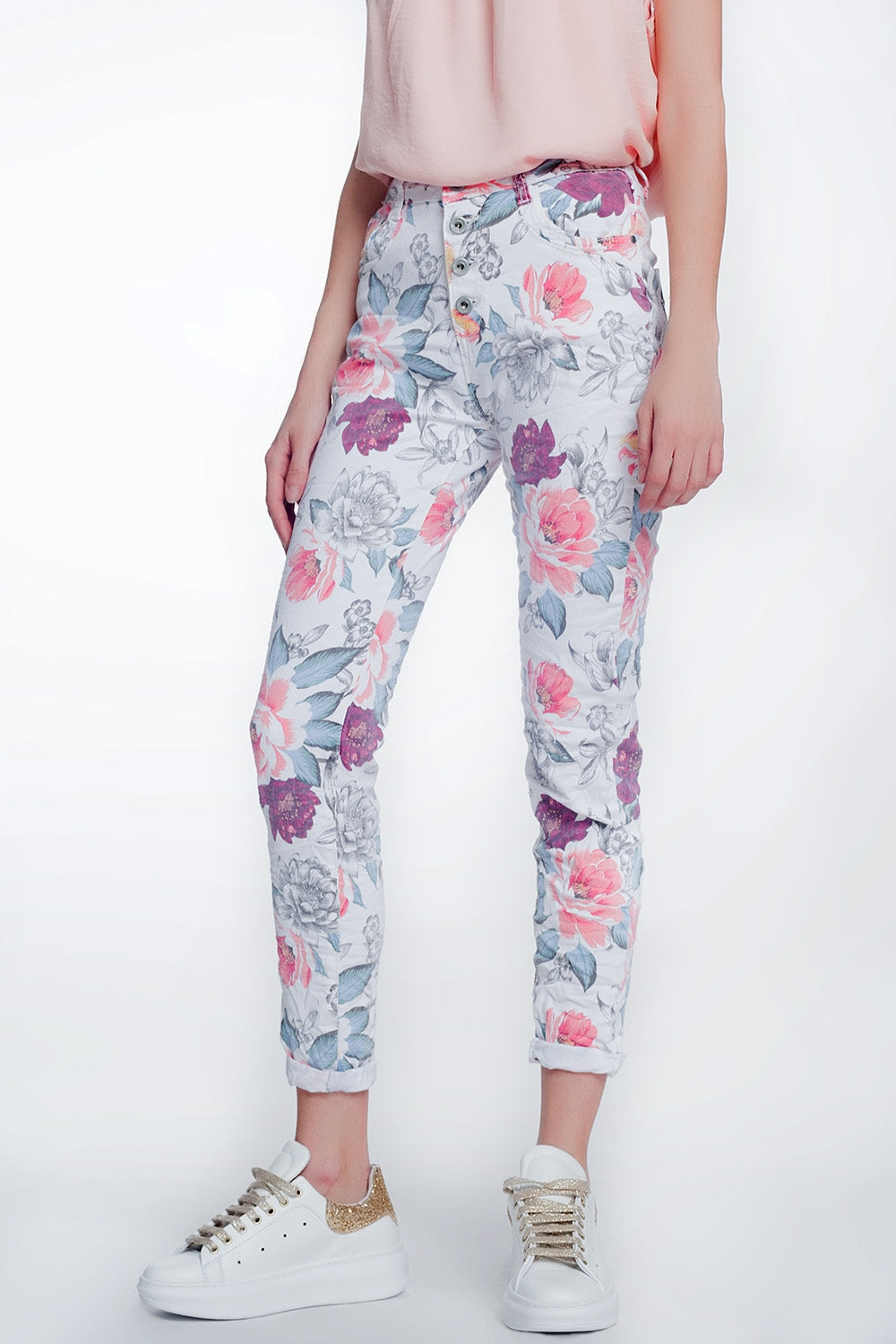 White boyfriend jeans with floral print - Jeans