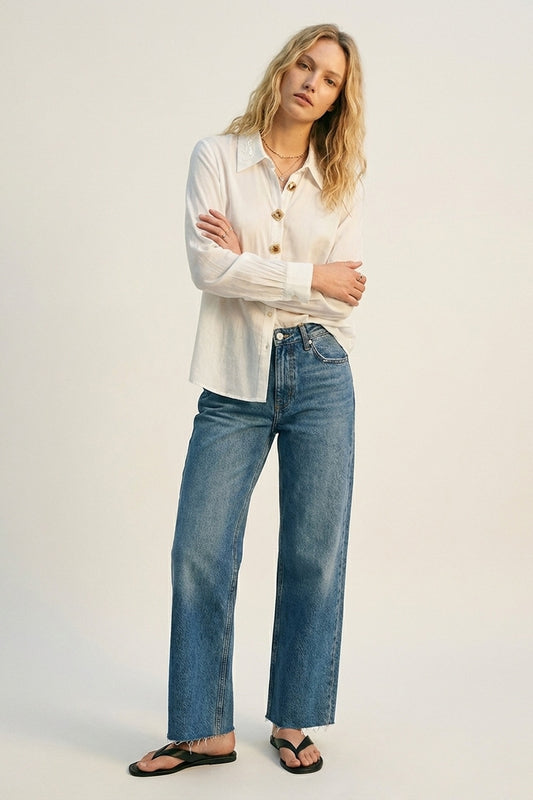 White Button-Front Shirt with Embroidered sequin Collar - Shirts