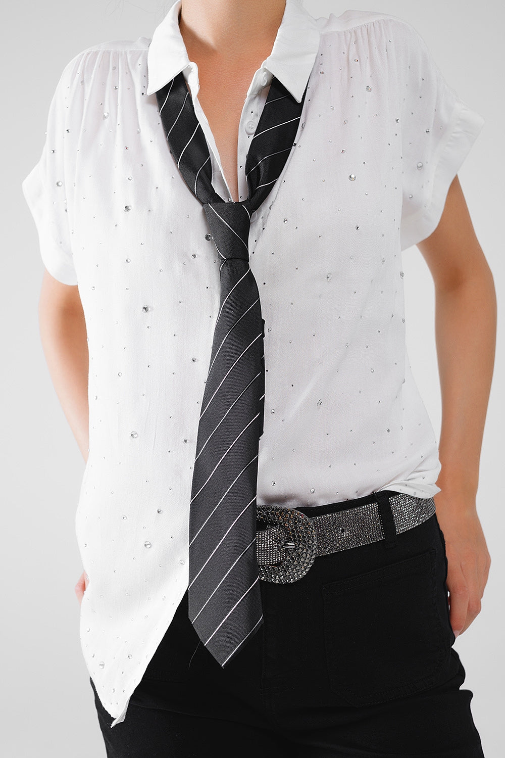 White Button Up Blouse With Strass All Over And Short Sleeves - Blouses