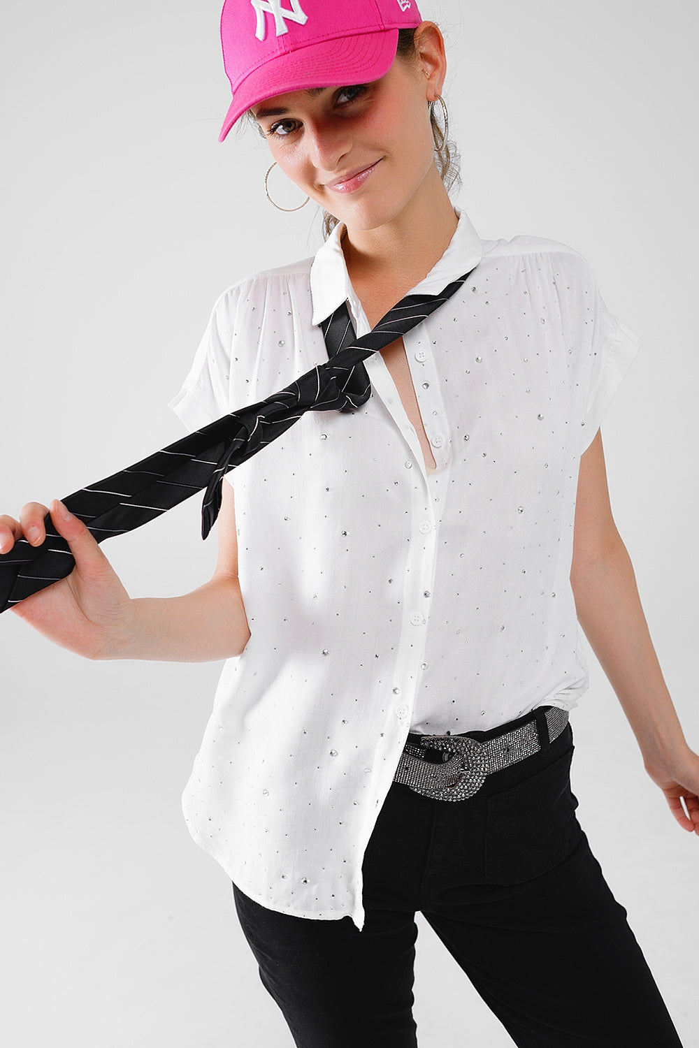 White Button Up Blouse With Strass All Over And Short Sleeves - Blouses