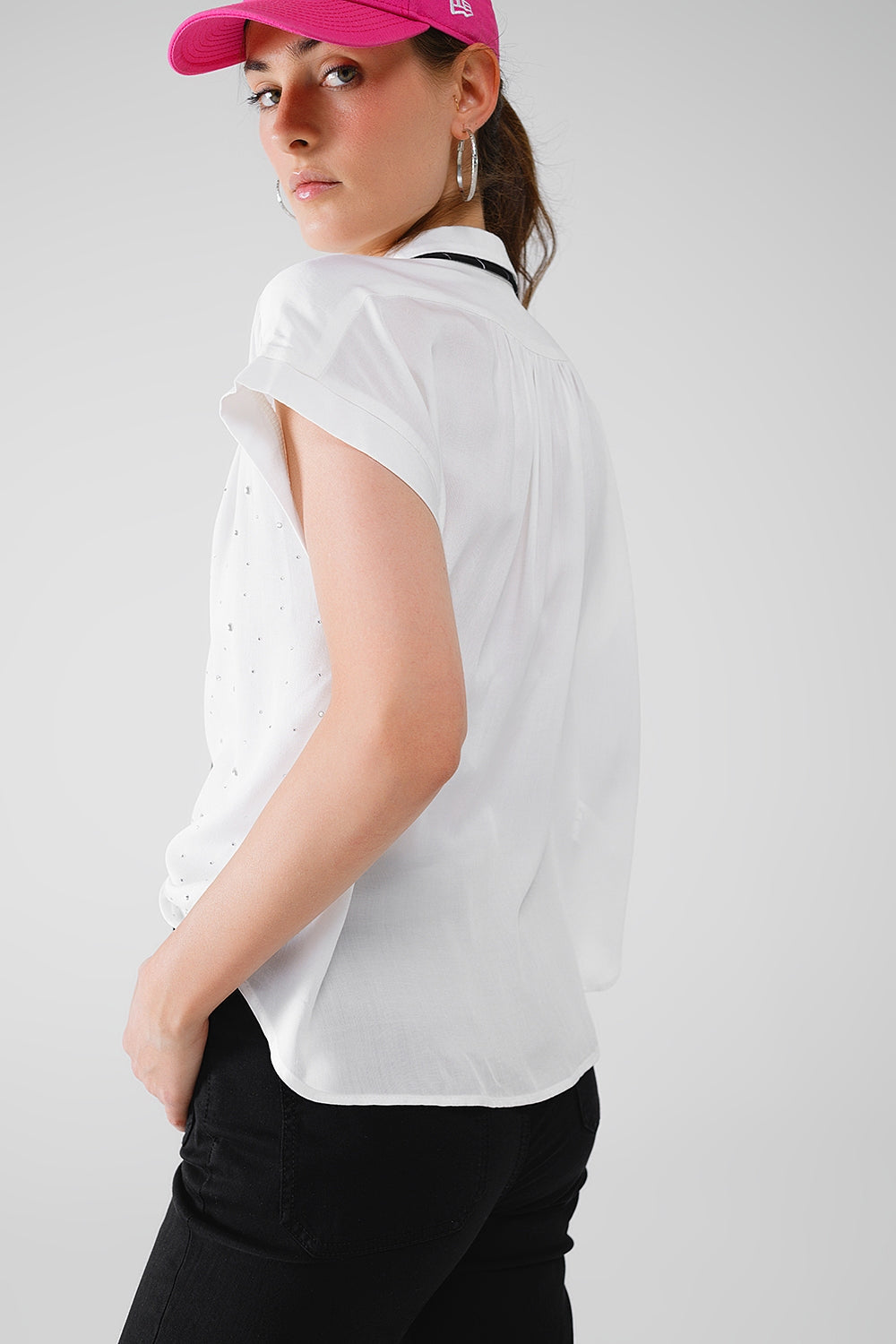 White Button Up Blouse With Strass All Over And Short Sleeves - Blouses