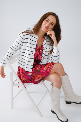 White Button Up Cardigan With Black Stripes and Golden Buttons