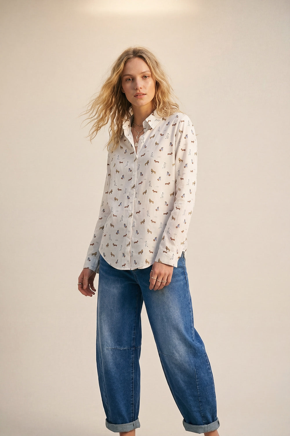 White Button-Up Shirt with Dog Print Pattern - Shirts