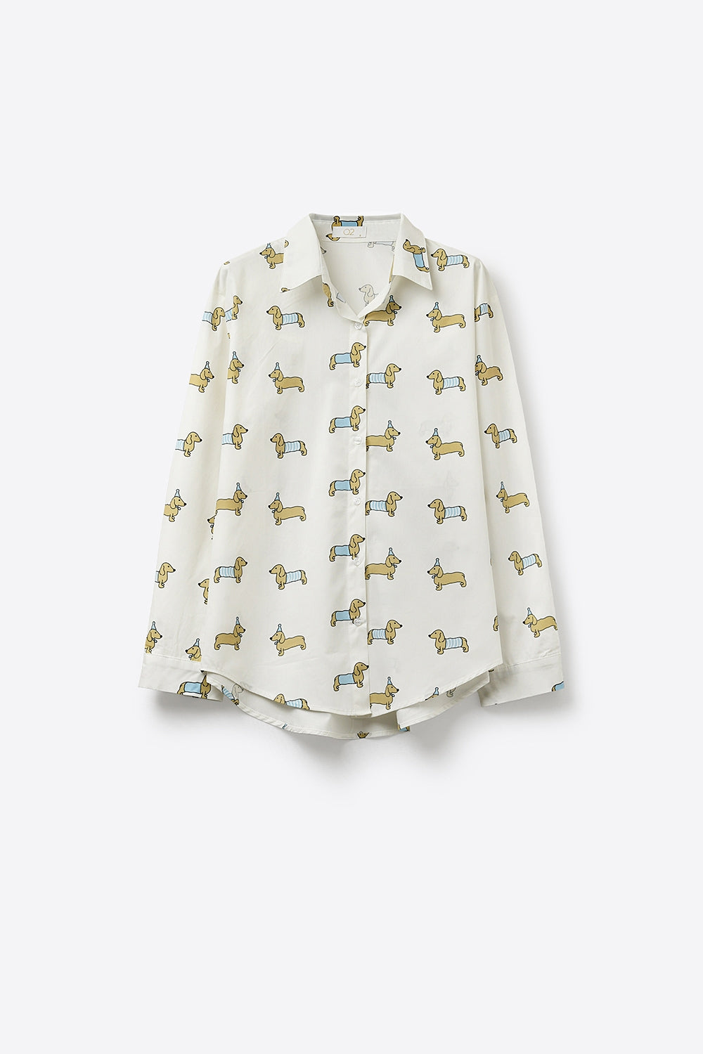 White Button-Up Shirt with Playful Dog Print - Shirts