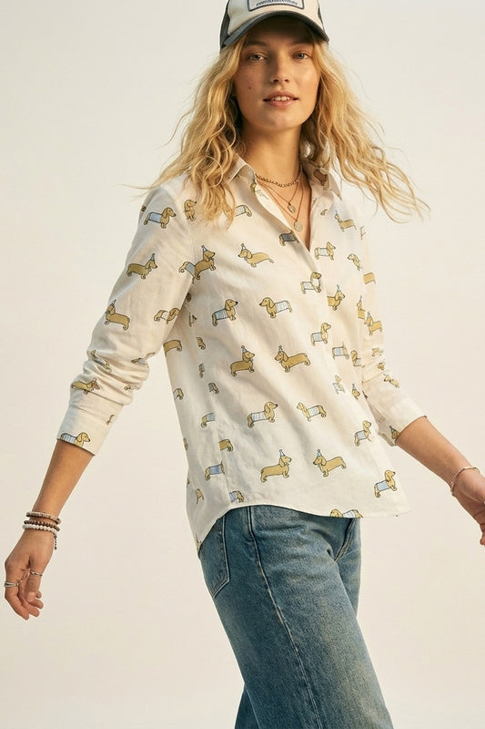 White Button-Up Shirt with Playful Dog Print - Shirts