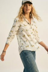 White Button-Up Shirt with Playful Dog Print